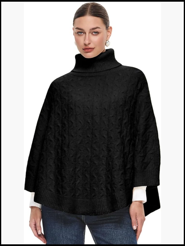 Luxury Turtleneck Sweater Poncho Cable Knit Cape Wrap Chunky Warm Shawl